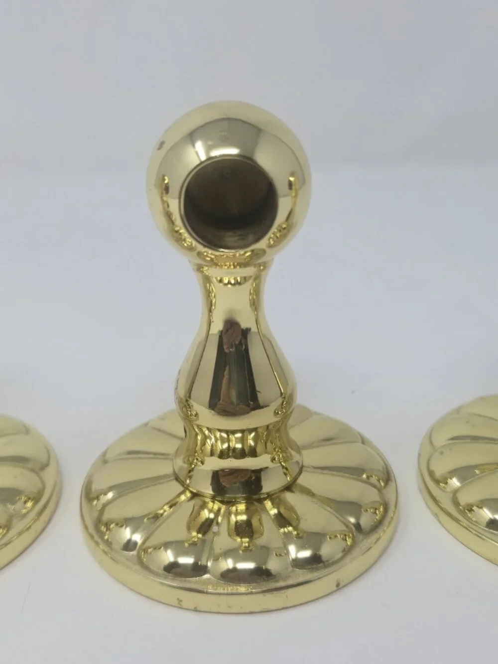 ​Set of 4 Vintage Polished Brass Curtain Rod Brackets Ball Top Scalloped Base